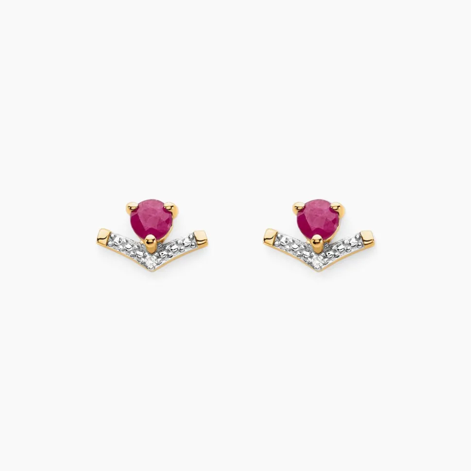 Boucles D'oreilles Puces Sabella Or Jaune Rubis Diamant