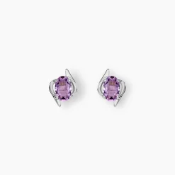 Boucles D'oreilles Puces Vrille Ovale Or Blanc Amethyste