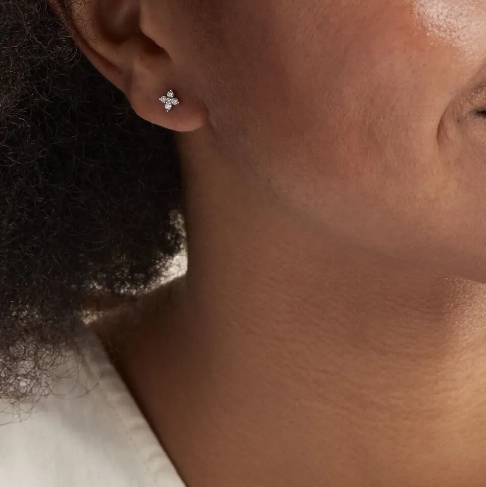 Boucles D'oreilles Puces Winter Flower Or Blanc Oxyde De Zirconium