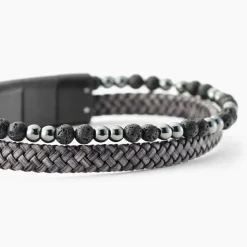 Bracelet Jourdan Cuir De Vache Gris Hématite Pierre De Lave