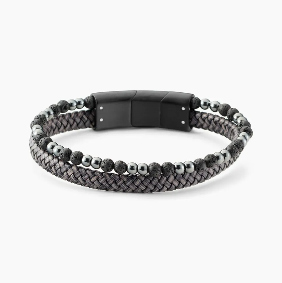 Bracelet Jourdan Cuir De Vache Gris Hématite Pierre De Lave