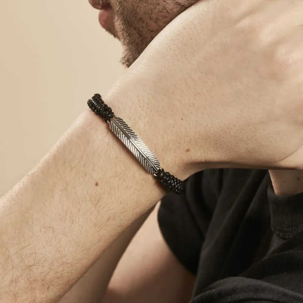Bracelet Acier Blanc Cordon Noir|PHEBUS HIM Outlet