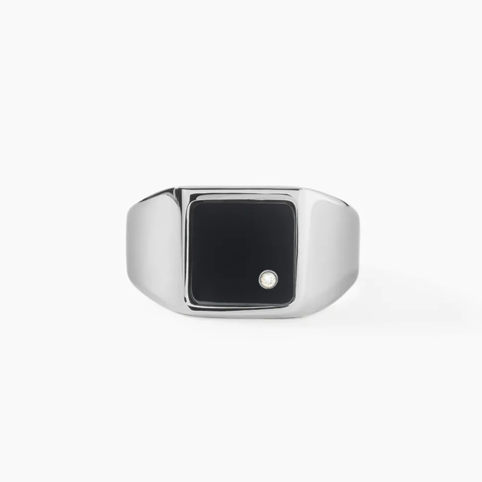 Chevalière Métal Acier Blanc Onyx Diamant Synthétique