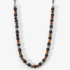 Collier Jourdan Bengale Acier Argenté Oeil De Tigre Pierre De Lave
