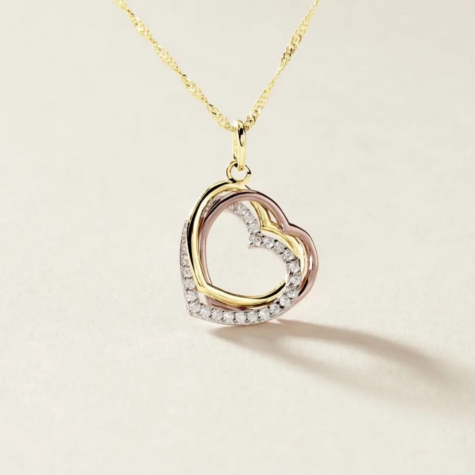 Pendentif Coeur Penche Double Or Tricolore Oxyde De Zirconium
