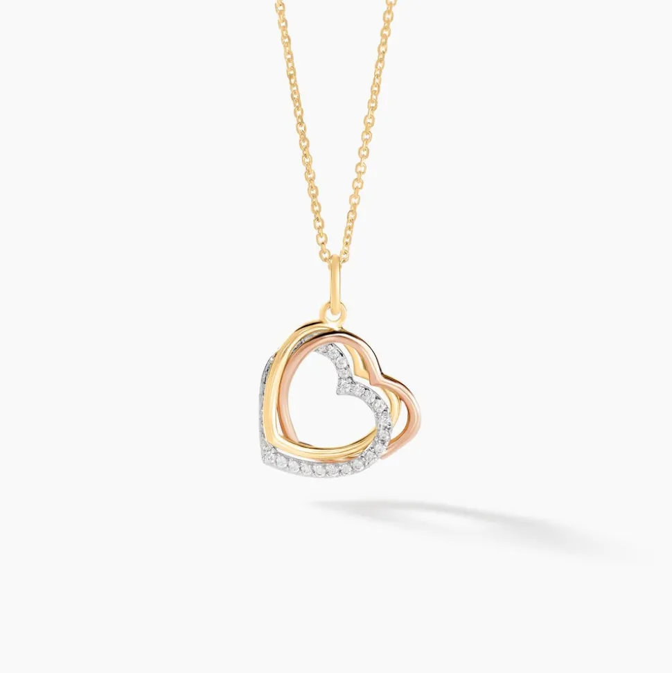 Pendentif Coeur Penche Double Or Tricolore Oxyde De Zirconium